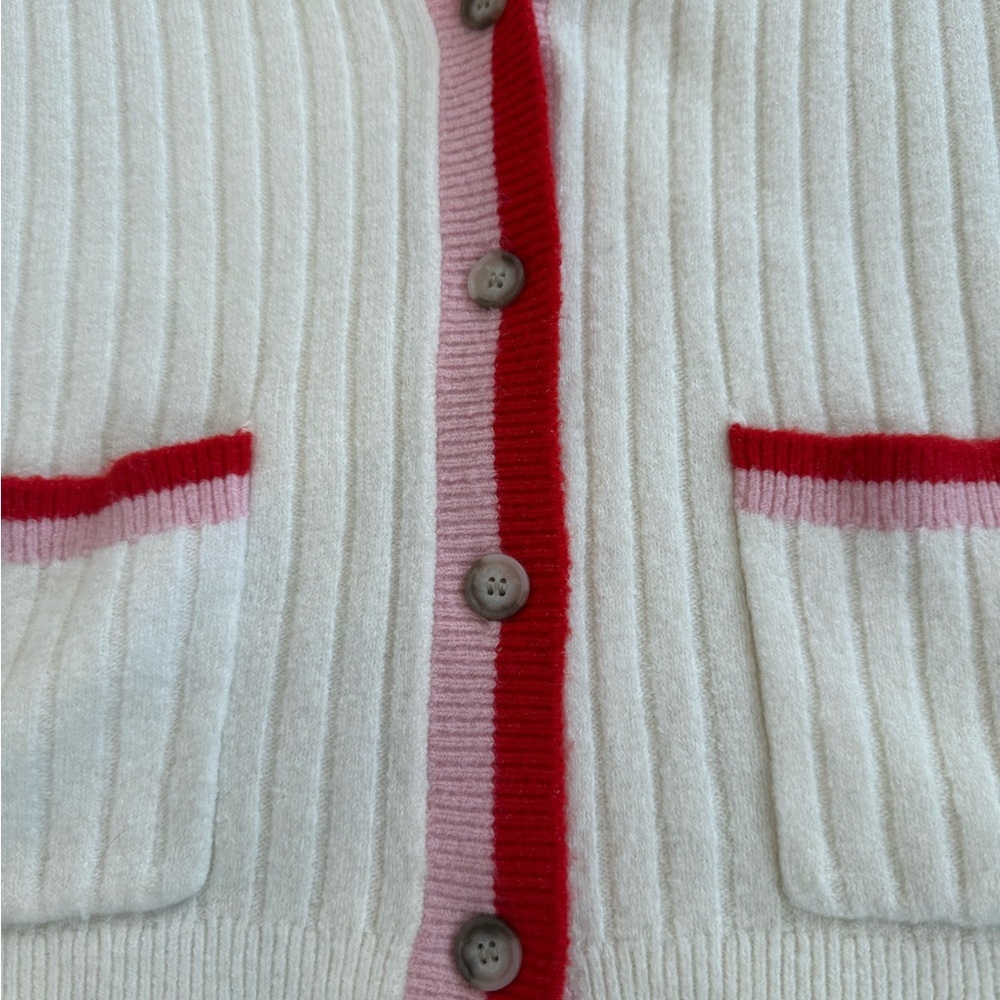 LOFT Ribbed V-Neck Cardigan Cream Pink Red/Orange Colorblock Trim Size Medium - Picture 8 of 9